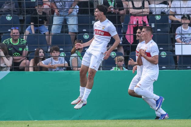 Soccer DFB Cup Junior Final VfL Wolfsburg U19 VfB Stuttgart U19 on 22 05 2026 at Karl Liebknecht Stadium in Potsdam Goal celebration to 0 2 by Mirza Catovic Stuttgart DFB regulations prohibit any use of photographs as image sequences and or quasi video xJRx