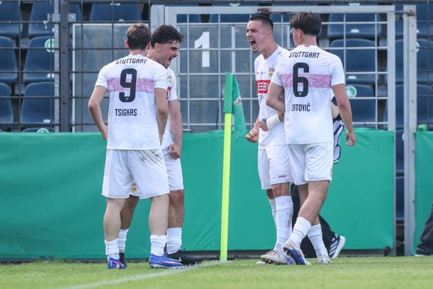 Soccer DFB Cup Junior Final VfL Wolfsburg U19 VfB Stuttgart U19 on 22 05 2026 at Karl Liebknecht Stadium in Potsdam Goal celebration to 0 2 by Mirza Catovic Stuttgart DFB regulations prohibit any use of photographs as image sequences and or quasi video xJRx