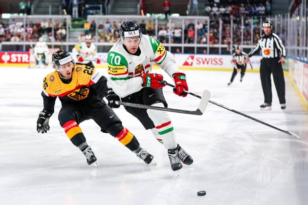 Ice hockey, Eishockey - IIHF WC 2026 ZURICH,SWITZERLAND,22.MAY.26 - ICE HOCKEY - IIHF Ice Hockey World Championship, WM, Weltmeisterschaft 2026, group stage, Germany vs Hungary. Image shows Leon Huttl (GER) and Zsombor Garat (HUN).  GEPAxpictures xMaticxKlansek