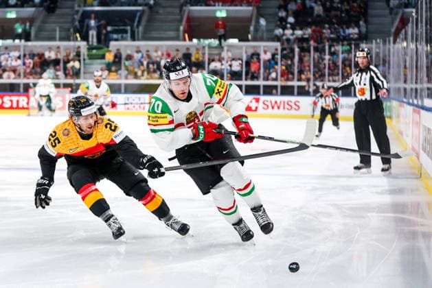 Ice hockey, Eishockey - IIHF WC 2026 ZURICH,SWITZERLAND,22.MAY.26 - ICE HOCKEY - IIHF Ice Hockey World Championship, WM, Weltmeisterschaft 2026, group stage, Germany vs Hungary. Image shows Leon Huttl (GER) and Zsombor Garat (HUN).  GEPAxpictures xMaticxKlansek
