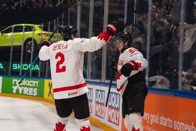 FRIBOURG, FRIBOURG - MAY 22: Canada players celebrate after scoring for a 3-0 lead during the 2026 IIHF World Championship, WM, Weltmeisterschaft Preliminary Round Group B match between Canada and Slovenia at BCF Arena on May 22, 2026 in Fribourg, Fribourg, Switzerland.  Copyright: xLivioxBaeriswylx xSPPx Sportspressphoto_SPR151825