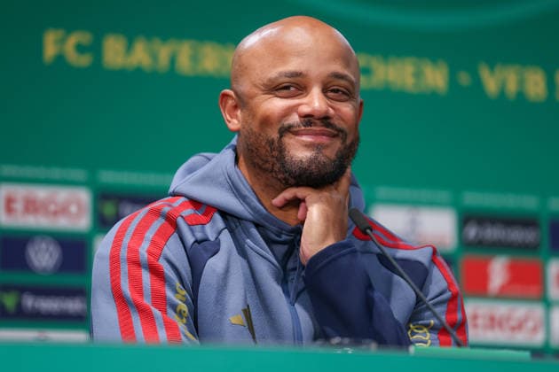 DFB Cup final 25 26 Closing press conference before FC Bayern Munich VfB Stuttgart on 22 05 2026 at the Olympic Stadium in Berlin Coach Vincent Kompany Muenchen laughs smiles at the press conference MH