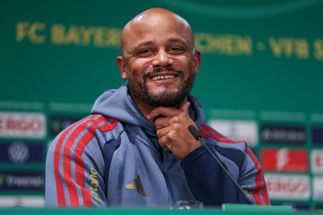 DFB Cup final 25 26 Closing press conference before FC Bayern Munich VfB Stuttgart on 22 05 2026 at the Olympic Stadium in Berlin Coach Vincent Kompany Muenchen laughs smiles at the press conference MH