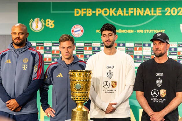 GER, DFB Pokal Final, Training and Press Conference, FC Bayern München VfB Stuttgart 22 05 2026, Olympiastadion, Olympiastadion, GER, DFB Pokal Final, Training and Press Conference, FC Bayern München VfB Stuttgart Vincent Kompany Coach FC Bayern München , Joshua Kimmich FC Bayern München 6 , Sebastian Hoeneß Sebastian Hoeness Coach VfB Stuttgart , Atakan Karazor VfB Stuttgart 16 at the Press Conference  nordphotoxGmbHxx xAlexanderxTrienitz nph00051