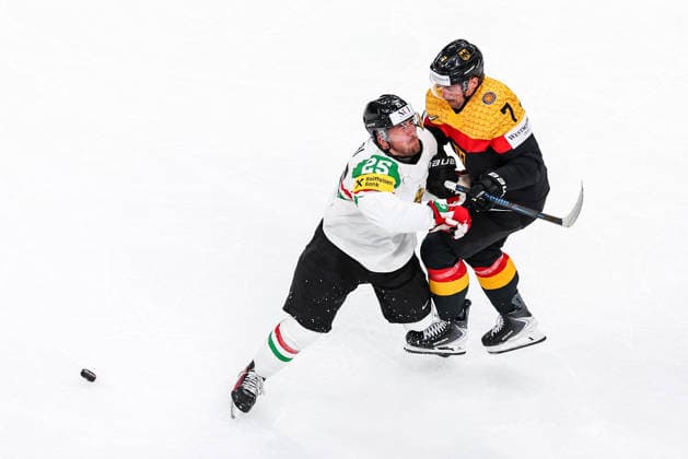 Ice hockey, Eishockey - IIHF WC 2026 ZURICH,SWITZERLAND,22.MAY.26 - ICE HOCKEY - IIHF Ice Hockey World Championship, WM, Weltmeisterschaft 2026, group stage, Germany vs Hungary. Image shows Gabor Tornyai (HUN) and Maximilian Kastner (GER).  GEPAxpictures xMaticxKlansek