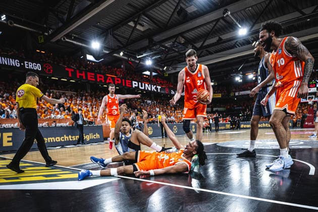 1 Basketball Bundesliga, easyCredit BBL, Season 2025 2026, Men, Playoffs, Quarterfinals, Game 3, 22 05 2026, RASTA Vechta ALBA Berlin Alonzo Verge 11 RASTA Vechta shows emotions during the game Vechta RASTA Dome Lower Saxony Germany