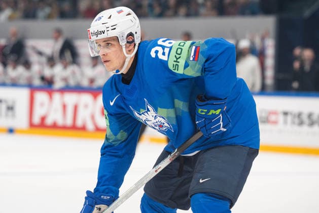 FRIBOURG, FRIBOURG - MAY 22: Maks Percic of Slovenia during the 2026 IIHF World Championship, WM, Weltmeisterschaft Preliminary Round Group B match between Canada and Slovenia at BCF Arena on May 22, 2026 in Fribourg, Fribourg, Switzerland.  Copyright: xLivioxBaeriswylx xSPPx Sportspressphoto_SPR151874