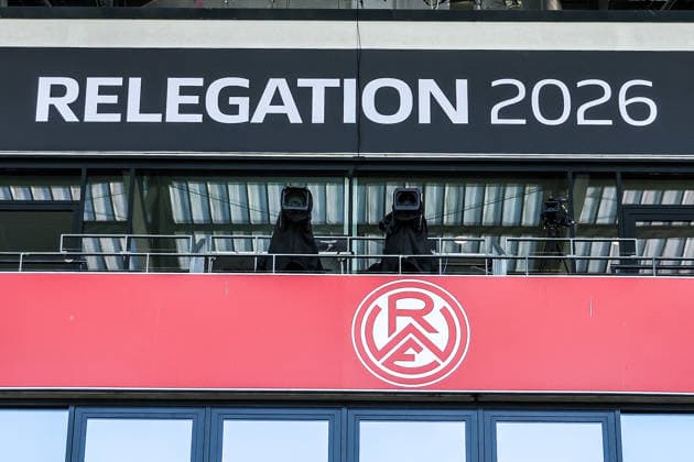 Sport, Football, Relegation 2026 Season 2025 2026 First leg Rot Weiss Essen SpVgg Greuther Fürth 22 05 2026, Stadion an der Hafenstraße Lettering Relegation Essen Stadion an der Hafenstraße North Rhine-Westphalia Germany