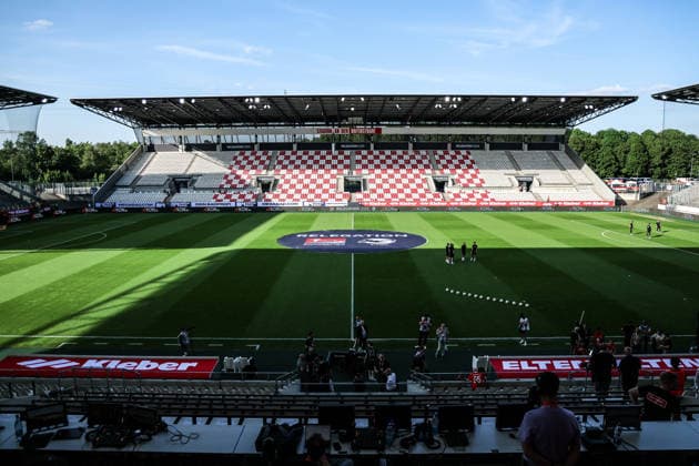 Sport, Football, Relegation 2026 Season 2025 2026 First leg Rot Weiss Essen SpVgg Greuther Fürth 22 05 2026, Stadion an der Hafenstraße The empty stadium before the game, sports facility, center circle tarpaulin with the lettering Relegation and the logos of the 2 Bundesliga and 3 Liga Essen Stadion an der Hafenstraße North Rhine-Westphalia Germany