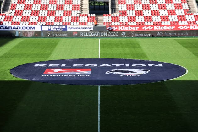 Sport, Football, Relegation 2026 Season 2025 2026 First leg Rot Weiss Essen SpVgg Greuther Fürth 22 05 2026, Stadion an der Hafenstraße The empty stadium before the game, sports facility, center circle tarpaulin with the lettering Relegation and the logos of the 2 Bundesliga and 3 Liga Essen Stadion an der Hafenstraße North Rhine-Westphalia Germany