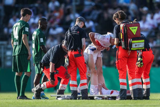 Soccer DFB Cup Junior Final VfL Wolfsburg U19 VfB Stuttgart U19 on 22 05 2026 at Karl Liebknecht Stadium in Potsdam Matheos Tsigkas Stuttgart is carried off the pitch injured DFB regulations prohibit any use of photographs as image sequences and or quasi video xJRx