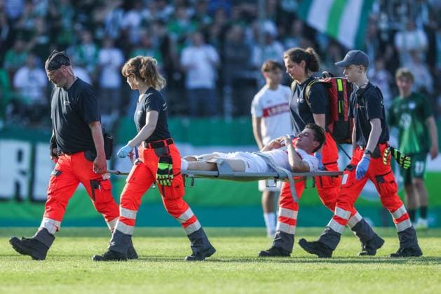 Soccer DFB Cup Junior Final VfL Wolfsburg U19 VfB Stuttgart U19 on 22 05 2026 at Karl Liebknecht Stadium in Potsdam Matheos Tsigkas Stuttgart is carried off the pitch injured DFB regulations prohibit any use of photographs as image sequences and or quasi video xJRx