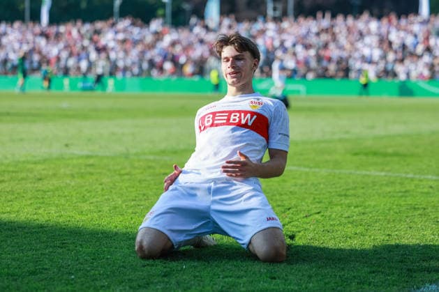 Soccer DFB Cup Junior Final VfL Wolfsburg U19 VfB Stuttgart U19 on 22 05 2026 at Karl Liebknecht Stadium in Potsdam Goal celebration to 0 3 by Neno Zezelj Stuttgart DFB regulations prohibit any use of photographs as image sequences and or quasi video xJRx