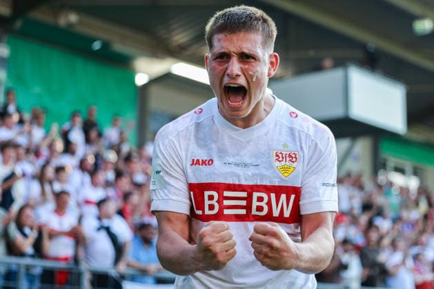 Soccer DFB Cup Junior Final VfL Wolfsburg U19 VfB Stuttgart U19 on 22 05 2026 at Karl Liebknecht Stadium in Potsdam Goal celebration to 0 3 by Neno Zezelj Stuttgart Enis Redzepi Stuttgart cheers DFB regulations prohibit any use of photographs as image sequences and or quasi video xJRx