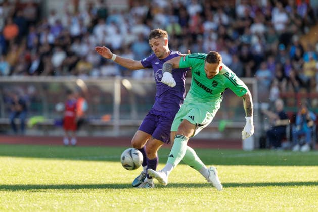 Egon Weber 1, SV Kirchanschöring and Maximilian Heiß 7, TSV Schwaben Augsburg at the match between TSV Schwaben Augsburg v SV Kirchanschöring, Soccer, Men, Regionalliga Bayern Relegation, 2025 2026, Matchday 2 on 22 05 2026 in Augsburg, Rosenaustadion Bayern Germany