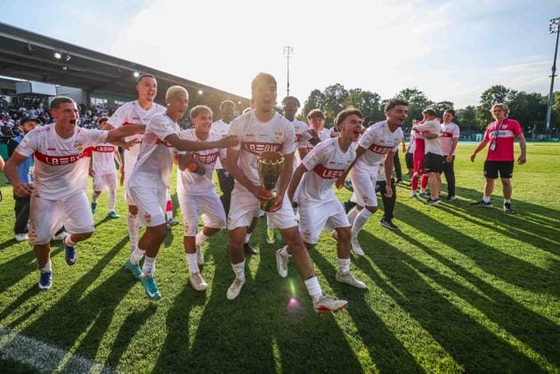Soccer DFB Cup Junior Final VfL Wolfsburg U19 VfB Stuttgart U19 on 22 05 2026 at Karl Liebknecht Stadium in Potsdam Stuttgart celebrates winning the DFB Cup Junior DFB regulations prohibit any use of photographs as image sequences and or quasi video xJRx