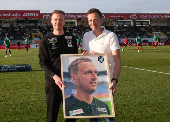 22 05 2026, Ried im Innkreis, AUT, On the road in Upper Austria, SV Oberbank Ried Rapid Wien, Austrian Football League, ADMIRAL Bundesliga, in the picture Maximilian Senft, Max Senft, Ried, head coach, board member, infrastructure board member, presidium member, Thomas Gahleitner, Ried, president,