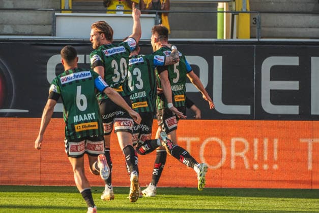 Football Austria, Admiral Bundesliga European Cup Playoff Final ECL 2025 2026, SV Oberbank Ried vs SK Rapid Wien SKR BWT x Oberösterreichische Arena Ried Nikki Havenaar SV Oberbank Ried with the goal to 0 1 cheers, goal celebration Copyright: xLukasxBierederx