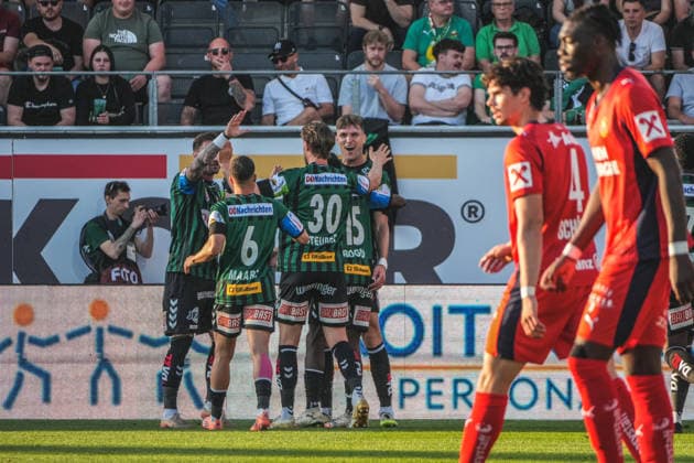 Football Austria, Admiral Bundesliga European Cup Playoff Final ECL 2025 2026, SV Oberbank Ried vs SK Rapid Wien SKR BWT x Oberösterreichische Arena Ried Nikki Havenaar SV Oberbank Ried with the goal to 0 1 cheers, goal celebration Copyright: xLukasxBierederx