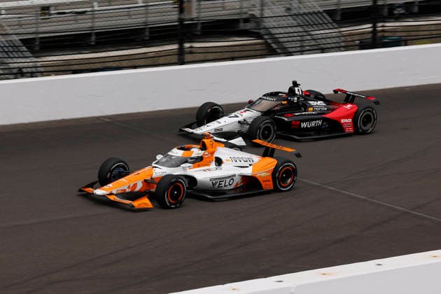 INDIANAPOLIS, IN - MAY 22: Christian Lundgaard, Christian Lundgaard of the 7 Arrow McLaren Chevrolet and Mick Schumacher, Mick Schumacher of the 47 Rahal Letterman Lanigan Honda goes into turn one during practice for the NTT IndyCar, Indy Car, IRL, USA Series Miller Light Carb Day on May 22, 2026 at Indianapolis Motor Speedway in Indianapolis, IN. (Photo by Jeffrey Brown Icon Sportswire) AUTO: MAY 22 NTT IndyCar Series Miller Lite Carb Day EDITORIAL USE ONLY Icon052226037