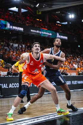 1 Basketball Bundesliga, easyCredit BBL, Season 2025 2026, Men, Playoffs, Quarterfinals, Game 3, 22 05 2026, RASTA Vechta ALBA Berlin Tibor Pleiß 22 RASTA Vechta and Norris Agbakoko 17 ALBA BERLIN in action Vechta RASTA Dome Lower Saxony Germany