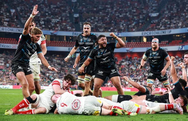 2026 European Rugby Challenge Cup Final, San Mames Stadium, Bilbao, Spain 22 5 2026 Montpellier Herault Rugby vs Ulster Montpellier players celebrate as Alex Becognee scores a try Montpellier players celebrate as Alex Becognee scores a try 22 5 2026  Copyright: x INPHO DanxSheridanx DAN_2896