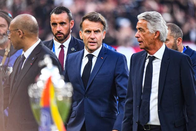 FOOTBALL : RC Lens vs OGC Nice - Coupe de France - Finale - 22 05 2026 Emmanuel Macron Jean Pierre Riviere Saint DenisFrance  Copyright: xBaptistexAutissierx