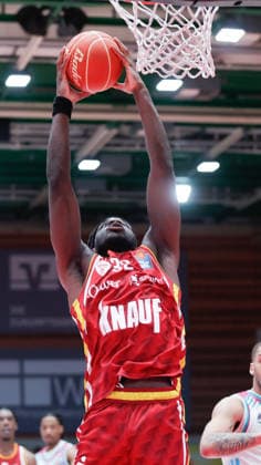 In the picture Charles Thompson Wuerzburg Baskets, 32 with the dunk 22 05 2026, Basketball, Fitness First Wuerzburg Baskets vs Telekom Baskets Bonn, easyCredit BBL Playoffs, 3 Quarterfinals, Germany, 97072, tectake Arena Wuerzburg, Copyright: HMBxMedia xJulienxBecker