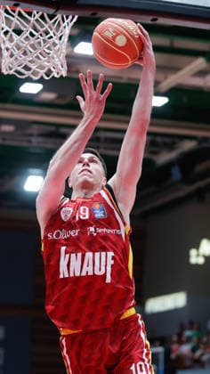 In the picture Christian Skladanowski Wuerzburg Baskets, 19 with the basketball 22 05 2026, Basketball, Fitness First Wuerzburg Baskets vs Telekom Baskets Bonn, easyCredit BBL Playoffs, 3 Quarterfinals, Germany, 97072, tectake Arena Wuerzburg, Copyright: HMBxMedia xJulienxBecker