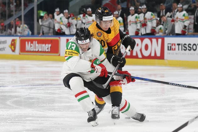 22 05 2026 Swiss Life Arena Zurich , SWITZERLAND, Mens Ice Hockey IIHF World Championship Zurich 2026 Group A GER HUN Krisztian Nagy li,HUN vs Alexander Ehl GER