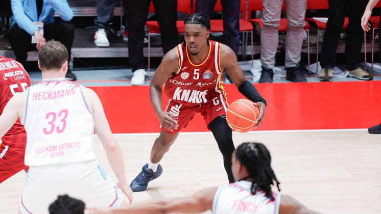In the picture Marcus Carr Wuerzburg Baskets, 5 on the ball 22 05 2026, Basketball, Fitness First Wuerzburg Baskets vs Telekom Baskets Bonn, easyCredit BBL Playoffs, 3 Quarterfinals, Germany, 97072, tectake Arena Wuerzburg, Copyright: HMBxMedia xJulienxBecker
