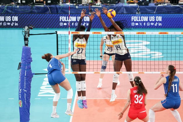 VOLLEYball - Friendly - AIA Aequilibrium Cup Women Elite - Italy vs. Serbia Photo by IPA ABACAPRESS.COM84979412 - AIA AeQuilibrium Cup Women Elite, Day 1, 22-05-2026, Italy - Serbia, in the photo: attack Vanja Ivanovic, defense Binto Diop and Linda Nkiuruka Nwaholor Genoa Italy  Copyright: xIPAxSport ABACAx
