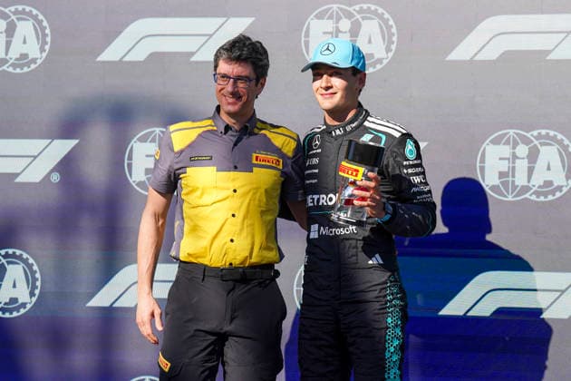 FORMULA ONE CANADIAN GRAND PRIX 2026 George Russell 63 (GBR) Mercedes presented with the Pirelli Sprint Pole award from Dario Marrafuschi, Head of Motorsport at Pirelli after taking Sprint Pole during the Formula 1 Lenovo Canadian Grand Prix 2026, 5th round of the 2026 Formula One World Championship, WM, Weltmeisterschaft from May 22 to 24, 2026 at the Circuit Gilles Villeneuve, Montreal, Canada Credit: Robbie Hoad Every Second Media Editorial use only. All images are copyright Every Second Media Limited. No images may be reproduced without prior permission. Copyright: xIMAGO EveryxSecondxMediax ESM-2005-0163 RobbiexHoadx xEveryxSecondxMediax