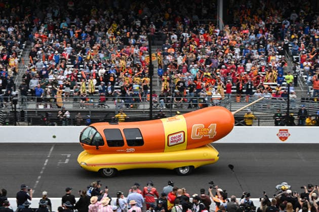 INDIANAPOLIS, IN - MAY 24: The Corn Dog (04) Oscar Mayer Wienie Mobile drives on the front stretch during the Wienie 500 on NTT IndyCar, Indy Car, IRL, USA Series Miller Lite Carb Day on May 22, 2026, at the Indianapolis Motor Speedway in Indianapolis, Indiana. (Photo by Michael Allio Icon Sportswire) AUTO: MAY 22 NTT IndyCar Series Miller Lite Carb Day EDITORIAL USE ONLY Icon116260522002
