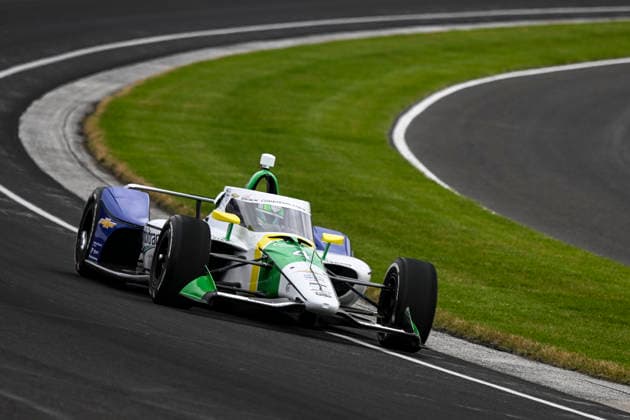 INDIANAPOLIS, IN - MAY 24: Caio Collet (4) Combitrans AJ Foyt Enterprises Chevrolet drives through turn three during practice on NTT IndyCar, Indy Car, IRL, USA Series Miller Lite Carb Day on May 22, 2026, at the Indianapolis Motor Speedway in Indianapolis, Indiana. (Photo by Michael Allio Icon Sportswire) AUTO: MAY 22 NTT IndyCar Series Miller Lite Carb Day EDITORIAL USE ONLY Icon116260522009