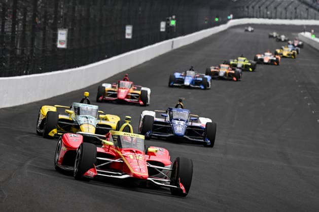 INDIANAPOLIS, IN - MAY 24: David Malukas (12) Verizon Team Penske Chevrolet drives into turn one during practice on NTT IndyCar, Indy Car, IRL, USA Series Miller Lite Carb Day on May 22, 2026, at the Indianapolis Motor Speedway in Indianapolis, Indiana. (Photo by Michael Allio Icon Sportswire) AUTO: MAY 22 NTT IndyCar Series Miller Lite Carb Day EDITORIAL USE ONLY Icon116260522036