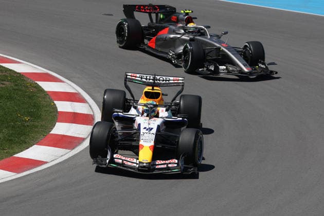 RECORD DATE NOT STATED 22nd May 2026; Circuit Gilles Villeneuve, Montreal, Quebec, Canada; 2026 FIA Formula 1 Canadian Grand Prix, Free Practice Day; Arvid Lindblad (41) of Great Britain and Visa Cash App Racing Bulls Formula One Team goes on the inside of turn 10 passing Gabriel Bortoleto (5) of Brazil and Audi Revolut F1 Team ArtxVega
