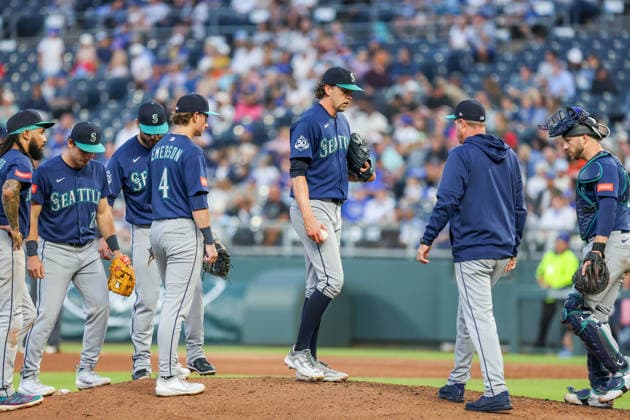 MAY 22, 2026: Seattle Mariners starting pitcher Logan Gilbert (36) exits the game in the 6th inning against the Kansas City Royals at Kauffman Stadium in Kansas City, MO. CSM MLB, Baseball Herren, USA 2026: Mariners Vs Royals May 22  - ZUMAc04_ 20260522_zma_c04_055 Copyright: xRomanxPunox