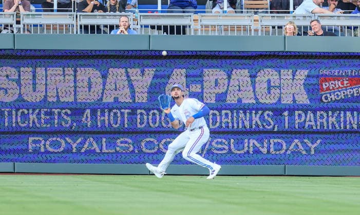 MAY 22, 2026: Kansas City Royals outfielder Jac Caglianone (14) catches a fly ball in the 4th inning against the Seattle Mariners at Kauffman Stadium in Kansas City, MO. CSM Kansas City United States - ZUMAc04_ 20260522_zma_c04_051 Copyright: xRomanxPunox