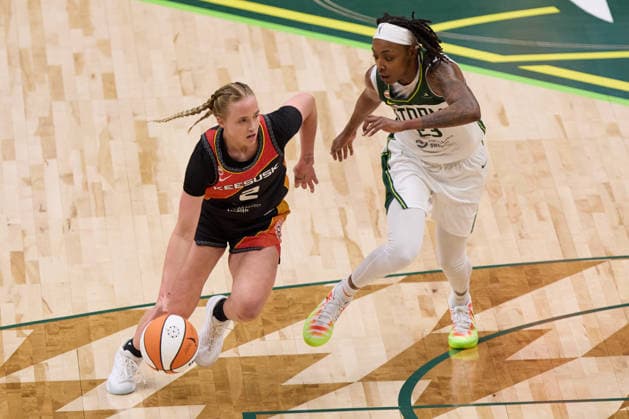 May 22, 2026, Seattle, Washington, USA: Connecticut guard HAILEY VAN LITH (2) drives to the rim while defended by Seattle forward JORDAN HORSTON (23) in the second quarter of the WNBA, Basketball Damen, USA match between the Seattle Storm and Connecticut Sun at Climate Pledge Arena in Seattle. Seattle USA - ZUMAd218 20260522_zsp_d218_008 Copyright: xRichardxDizonx
