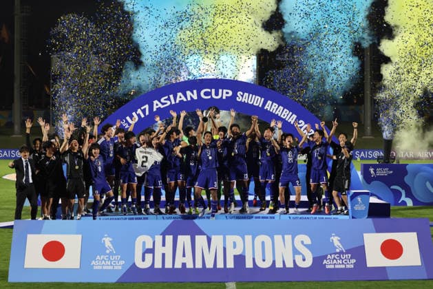 (260523) -- JEDDAH, May 23, 2026 -- Members of Japan s U17, U 17 team celebrate on the podium at the awarding ceremony for the final between China and Japan at the 2026 AFC U17 Asian Cup in Jeddah, Saudi Arabia, May 22, 2026. ) (SP)SAUDI ARABIA-JEDDAH-FOOTBALL-AFC U17 ASIAN CUP 2026-CHINA VS JAPAN WangxHaizhou 