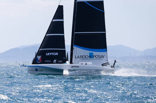 Louis Vuitton 38th America s Cup Preliminary Regatta Sardinia The La Roche-Posay Racing Team competes during the first day of the Louis Vuitton 38th America s Cup Preliminary Regatta in Cagliari, Italy, on May 22, 2026. The preliminary regatta in Sardinia is part of the 38th America s Cup and sponsored by Louis Vuitton, providing teams the first opportunity to test their skills ahead of the event in Naples in 2027. The races take place in the Gulf of Cagliari, featuring fully equalized AC40 one-design yachts capable of reaching speeds exceeding 40 knots. cagliari - Italy  Copyright: xMauroxUjettox originalFilename:ujetto-louisvui260522_npdio.jpg