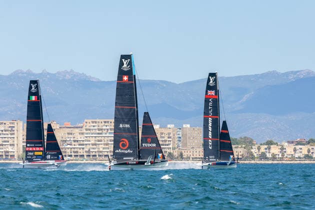 Louis Vuitton 38th America s Cup Preliminary Regatta Sardinia Luna Rossa 1 Women And Youth, Tudor Team Alinghi, and Athena Pathway Women And Youth compete during the first day of the Louis Vuitton 38th America s Cup Preliminary Regatta Sardinia in Cagliari, Italy, on May 22, 2026. The preliminary regatta in Sardinia, part of the 38th America s Cup and sponsored by Louis Vuitton, provides teams with an opportunity to test their skills ahead of the event in Naples in 2027. The races take place in the Gulf of Cagliari, featuring fully equalized AC40 one-design yachts capable of reaching speeds exceeding 40 knots. cagliari - Italy  Copyright: xMauroxUjettox originalFilename:ujetto-louisvui260522_np8Cp.jpg
