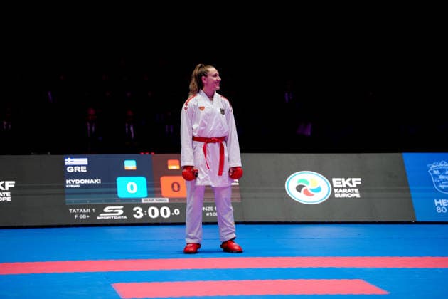 Germany EKF Karate European Championship Seniors 2026 Eissporthalle, Frankfurt Kneer Johanna GER, Red wins bronze Frankfurt am Main Eissporthalle Frankfurt Hessen Germany Copyright: xKjetilxWaberx