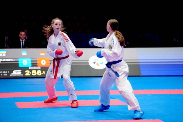Germany EKF Karate European Championship Seniors 2026 Eissporthalle, Frankfurt Riedel Hannah GER, Red loses in the fight for the bronze medal against Sieliemienieva Elina UKR, Blue in the category Female Kumite 68 Kg Frankfurt am Main Eissporthalle Frankfurt Hessen Germany Copyright: xKjetilxWaberx