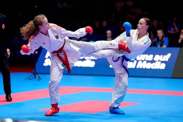 Germany EKF Karate European Championship Seniors 2026 Eissporthalle, Frankfurt Riedel Hannah GER, Red loses in the fight for the bronze medal against Sieliemienieva Elina UKR, Blue in the category Female Kumite 68 Kg Frankfurt am Main Eissporthalle Frankfurt Hessen Germany Copyright: xKjetilxWaberx