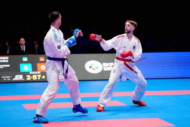 Germany EKF Karate European Championship Seniors 2026 Eissporthalle, Frankfurt Haubold Janne GER, Red loses in the fight for the bronze medal against Kvesic Ivan CRO, Blue in the category Male Kumite 84 Kg Frankfurt am Main Eissporthalle Frankfurt Hessen Germany Copyright: xKjetilxWaberx