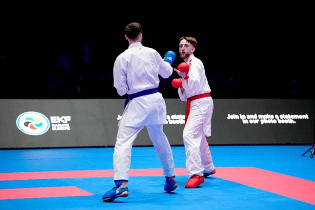 Germany EKF Karate European Championship Seniors 2026 Eissporthalle, Frankfurt Haubold Janne GER, Red loses in the fight for the bronze medal against Kvesic Ivan CRO, Blue in the category Male Kumite 84 Kg Frankfurt am Main Eissporthalle Frankfurt Hessen Germany Copyright: xKjetilxWaberx