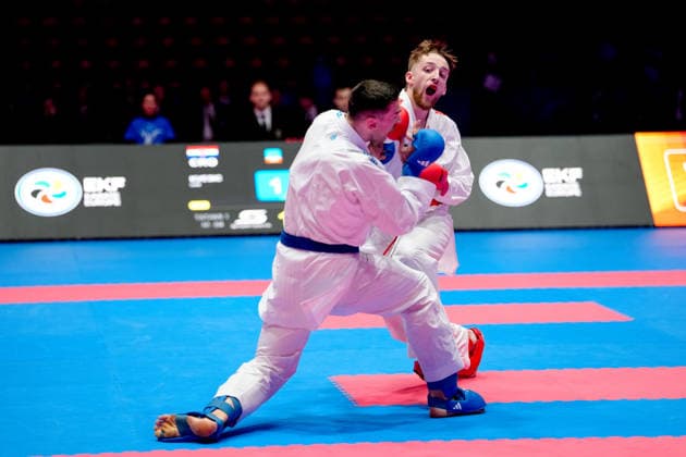 Germany EKF Karate European Championship Seniors 2026 Eissporthalle, Frankfurt Haubold Janne GER, Red loses in the fight for the bronze medal against Kvesic Ivan CRO, Blue in the category Male Kumite 84 Kg Frankfurt am Main Eissporthalle Frankfurt Hessen Germany Copyright: xKjetilxWaberx