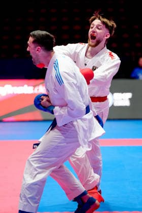 Germany EKF Karate European Championship Seniors 2026 Eissporthalle, Frankfurt Haubold Janne GER, Red loses in the fight for the bronze medal against Kvesic Ivan CRO, Blue in the category Male Kumite 84 Kg Frankfurt am Main Eissporthalle Frankfurt Hessen Germany Copyright: xKjetilxWaberx
